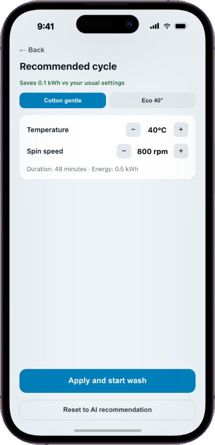 Recommended cycle — 40° and 800 rpm, with controls to adjust
