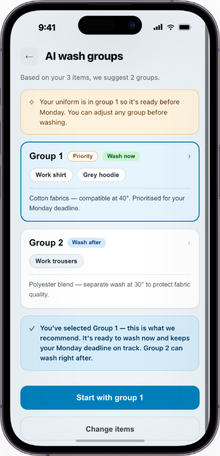 WiseLaundry AI wash groups screen